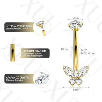XUU Titanium Belly Button Rings 14G, Implant-Grade Navel Piercing, Luxury CZ Shape with Flower Butterfly, Hypoallergenic Curved Barbell Jewelry for Women, Gold or Silver - style: Butterfly-Gold
