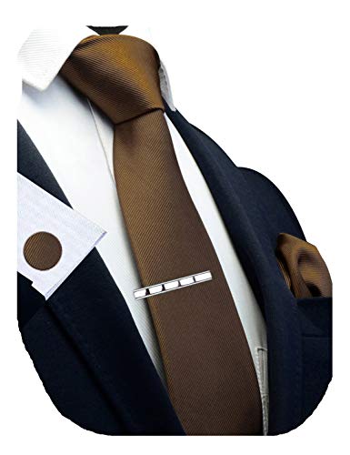 GUSLESON New 3.15"（8cm） Solid Color Necktie and Pocket Square Cufflinks Clip Set - color: Brown