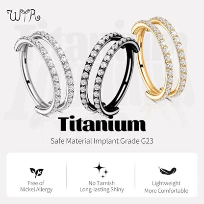 G23 Titanium Conch Piercing Jewelry Hoop: 16G 8mm/10mm/12mm Diamond Cartilage Earring Helix Double Piercing Hoop Septum Rings Hypoallergenic Nose Rings Hinged Segment Clicker Lip Rings Rook Daith Tragus Earrings - color: Silver-Double Layers, Two Rows CZ