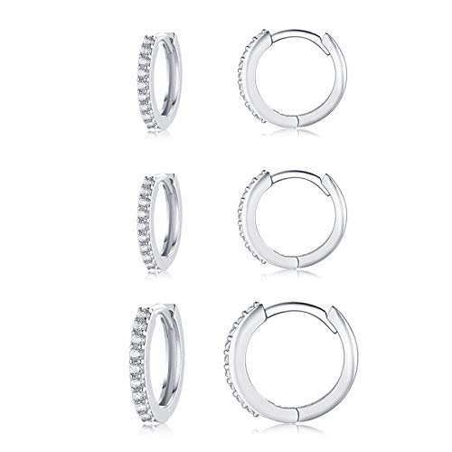 Silver Hoop Earrings for Women, 3 Pairs Small Sterling Silver Huggie Earrings | Tiny Cubic Zirconia Cartilage Cuff Earrings Hoop Piercing Jewellery for Men Teens (8mm/10mm/12mm) - color: 3 Pairs(8mm*2+10mm*1)-Silver