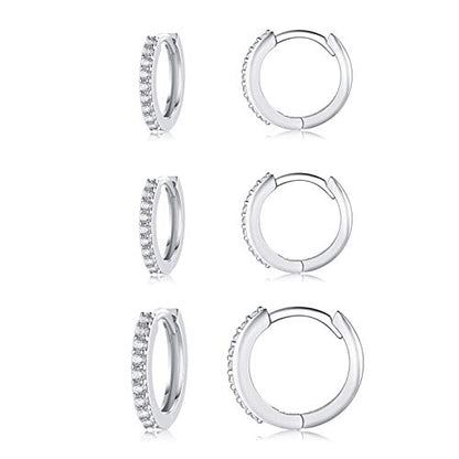 Silver Hoop Earrings for Women, 3 Pairs Small Sterling Silver Huggie Earrings | Tiny Cubic Zirconia Cartilage Cuff Earrings Hoop Piercing Jewellery for Men Teens (8mm/10mm/12mm) - color: 3 Pairs(8mm*2+10mm*1)-Silver