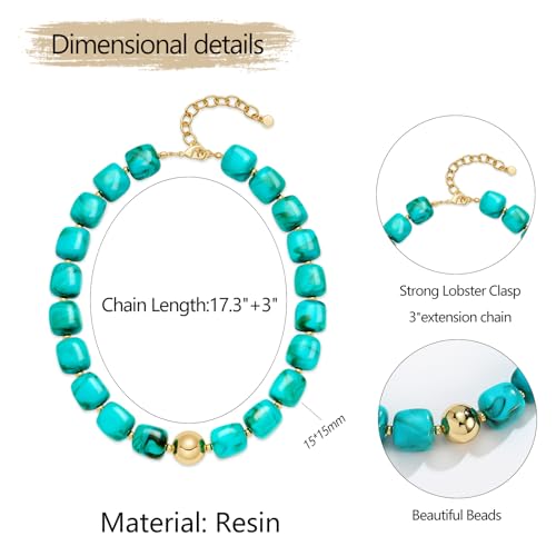 Chunky Colorful Beaded Choker Necklace for Women, Summer Beach Statement Resin Beads Necklace, Trendy Womens Summer Beach Jewelry Birthday Gifts for Vacation Holiday - color: Square Turquoise Bead