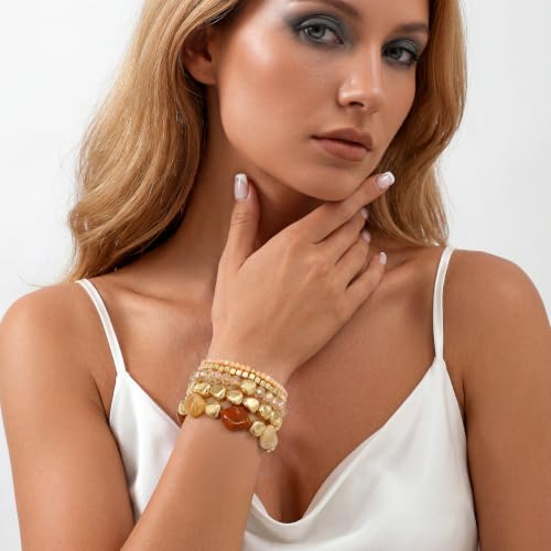 GOOJIDS Multilayer Colorful Gold Beaded Stackable Bracelets For Women Set Bohemia Heart Charm Strand Bracelets Friendship Elastic Wristbands Summer Beach Boho Vacation Jewelry - color: D-Brown Beads Set