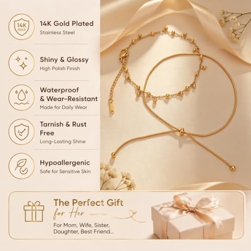 Waterproof Gold Plated Layered Anklets for Women Daisy/Herringbone/Heart Charm/Bead Chain Non Tarnish Stainless Steel Summer Foot Jewelry Gift for Her, with Gift Box - color: 5. multi beads