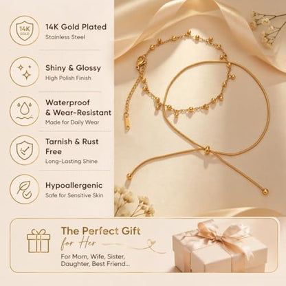 Waterproof Gold Plated Layered Anklets for Women Daisy/Herringbone/Heart Charm/Bead Chain Non Tarnish Stainless Steel Summer Foot Jewelry Gift for Her, with Gift Box - color: 5. multi beads