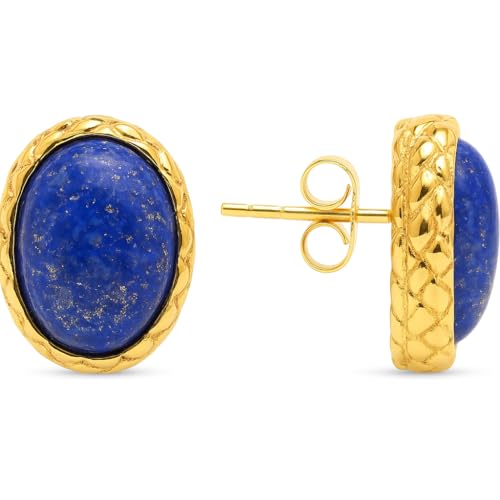 Gempires Bold Oval Gemstone Stud Earrings for Women – Natural Healing Stone Jewelry 14K Gold-Plated Hypoallergenic Tarnish-Resistant – Bold Statement Studs Gift for Her - style: Lapis Lazuli
