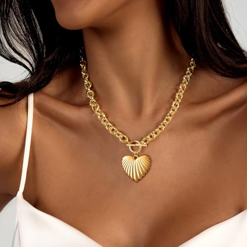 Zeffy 14K Gold/Silver Plated Chunky Thick Chain Toggle Clasp Necklace Dainty Baroque Pearl/Heart/Cross/Turquoise Pendant Necklace - color: Gold Big Shell Heart Necklace