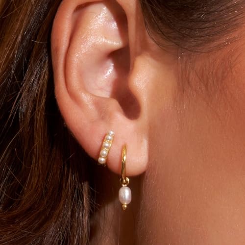 Gold Plated Earrings for Women, 14k Gold Plated Earring Stack Hypoallergenic Pearl Drop Earring Dainty Earrings for Women Trendy Cute Small Huggie Hoop Earring Fashion Womens Jewelry - color: SET1