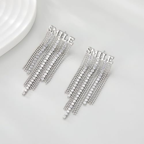 Long Tassel Dangle Drop Earrings, Silver/Gold Cz Chain Earrings for Women Fringe Geometric Bar Drop Formal Earrings Prom Party Lightweight Jewelry Gifts - color: I