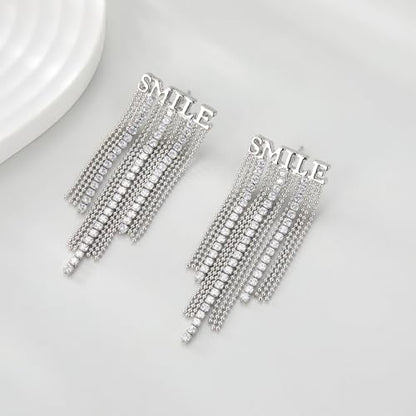 Long Tassel Dangle Drop Earrings, Silver/Gold Cz Chain Earrings for Women Fringe Geometric Bar Drop Formal Earrings Prom Party Lightweight Jewelry Gifts - color: I