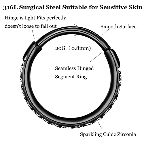 CZ Hinged Segment Nose Rings Hoop 316L Surgical Steel Cubic Zirconia Conch Daith Helix Tragus Body Piercing Jewelry Lip Rings Cartilage Earrings 20G 18G 16G Stainless Steel Septum Clicker Ring - color: Black, size: 20 Gauge 10mm