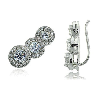 Sterling Silver Cubic Zirconia Three Stone Halo Crawler Climber Hook Earrings