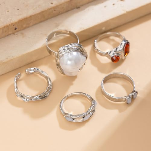 Chunky Baroque Pearl Knuckle Rings Set,Charming Dainty Crystal Pearl Personalized Joint Ring,Vintage Plated Gold Flower Midi Rings Set for Women