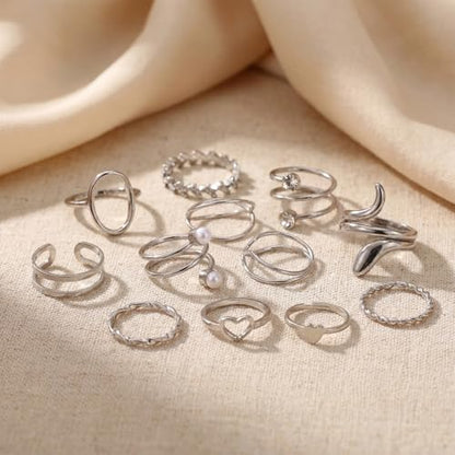 42-Piece Gold Tone Stackable Ring Set for Women, Boho Minimalist Stacking Rings with Crystal & Heart Accents, Adjustable Open Band Jewelry for Daily Wear - style: TZY-003354-01