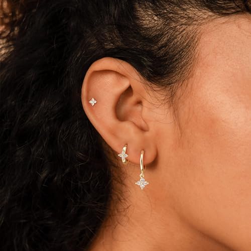3 Pairs Earring Stacks, Gold Earring Set Jewelry Gift for Women | Small, 14K Gold/White Gold/Black/Rose Gold Plated, Hypoallergenic, Her, Everday, Stackable, Simple, 3 Holes - color: Gold-Clover
