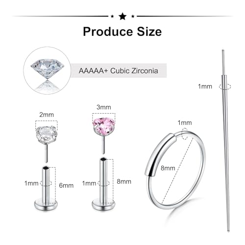 Zolure 18G/20G Flat Back Earrings Stud Threadless Nose Studs Surgical Steel Push in Earrings Tragus Cartilage Labret Helix Lip Conch Medusa Piercing Jewelry - color: 18G Silver #3