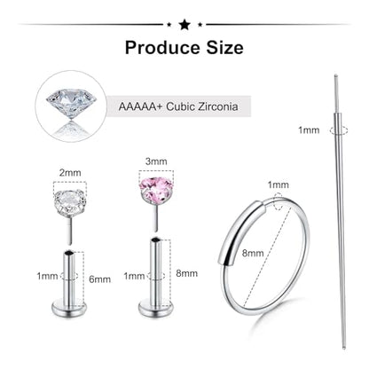 Zolure 18G/20G Flat Back Earrings Stud Threadless Nose Studs Surgical Steel Push in Earrings Tragus Cartilage Labret Helix Lip Conch Medusa Piercing Jewelry - color: 18G Silver #3