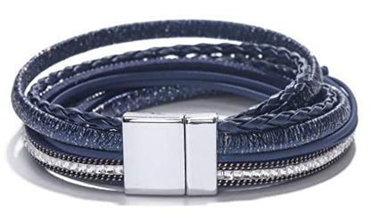 Fesciory Leather Wrap Bracelet for Women, Boho Western Layered Cuff Jewelry | Stackable Bracelets, Easy-On Clasp, Daily Wear, Pairs with Boho Western Outfits, Gift for Women - color: Blue1