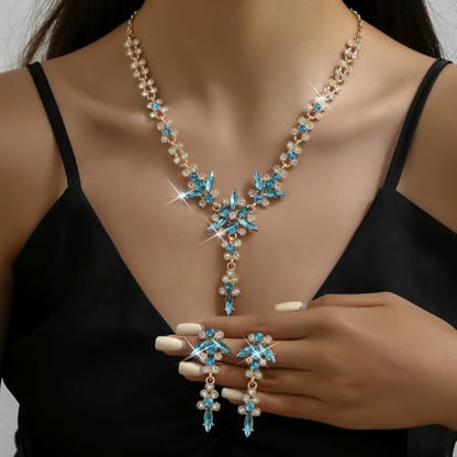 Wedding Jewelry Sets for Brides Rhinestone Necklace and Earring Set Bracelet Ring Gold Silver Prom Jewelry Sets Diamond Flower Teardrop Necklace for Women - color: Style5-Blue