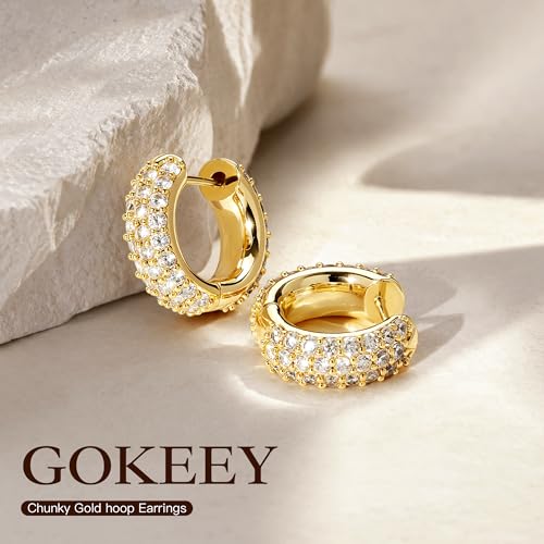 Gokeey Cubic Zirconia Hoop Earrings for Women, Sterling Silver Plated Small Huggie Hoops CZ Pave Chunky Thick Earrings Non Tarnish Hypoallergenic Lightweight Jewelry April Birthstone Gifts - color: Gold