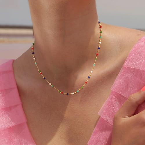 MTMY Beaded Necklaces for Women 14K Gold Plated Dainty Colorful Green/Rose Beaded Pearl Choker Necklace Delicate Boho Choker Necklace Jewelry Gift - style: Layer-mix color