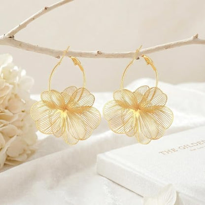 Dangle Flower Earrings for Women, 14K Gold Plated Lightweight Hollow Wire Statement Trendy Floral Hoop Earrings Jewelry Hypoallergenic