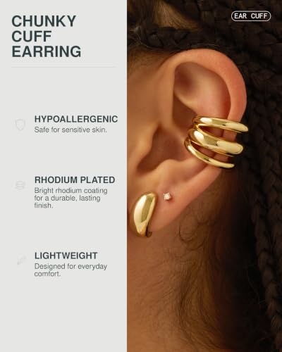 PAVOI 14K Gold Plated 925 Sterling Silver Round Huggie Ear Cuff Earrings for Women | Clip On Cartilage Cuff Earrings - style: Chunky Triple
