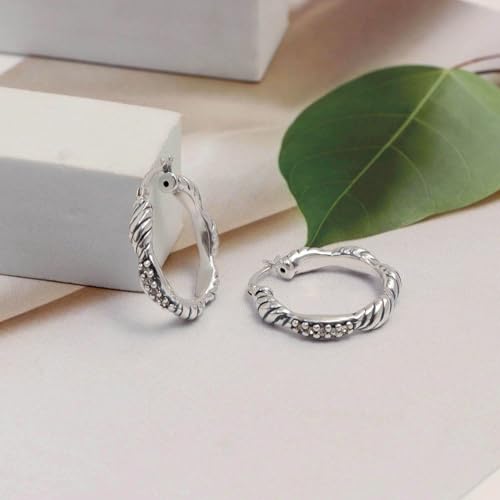 LeCalla Sterling Silver Hoop Earrings for Women | Lightweight Silver Chunky Hoop Earrings | Handmade Electroform Hollow Italian Design Click-Top Earrings Hoop - color: CZ Antique Texture