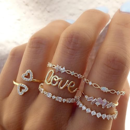 Women Gold Love Knuckle Rings Set - Vintage Stackable Midi Rings with Dainty Cubic Zirconia Crystal, Simple Twist Hollow Design, Cute Jewelry Gift Pack