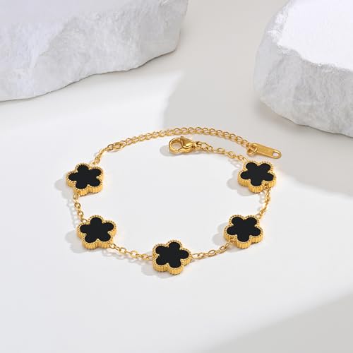 Women Gold Bracelets Jewelry Set - 3Pcs 18K Gold Plated Floral Bracelet,Stainless Steel Charm Bracelet Non-Tarnish,Adjustable Lucky Chain Trendy Gift,Christmas Valentines Birthday Gifts for Girlfriend - style: Black