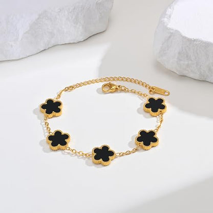 Women Gold Bracelets Jewelry Set - 3Pcs 18K Gold Plated Floral Bracelet,Stainless Steel Charm Bracelet Non-Tarnish,Adjustable Lucky Chain Trendy Gift,Christmas Valentines Birthday Gifts for Girlfriend - style: Black