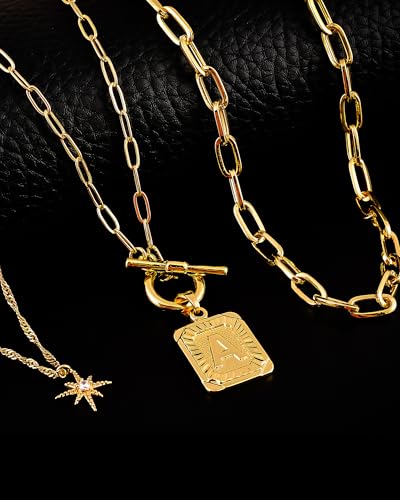 MJartoria Layered Initial Necklaces for Women | 14K Gold Plated Brass, Star Choker, Square Letter Pendant, Paperclip Chain - color: Gold, style: A.