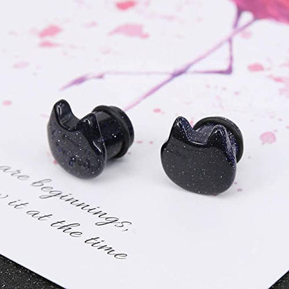 Cute Cat Natural Organic Stone Ear Plug Single Flare Ear Tunnel Gauge Stretcher Ear Expander Piercing 2g-5/8 - color: Blue Sandstone, Gauge=1/2"(12mm)