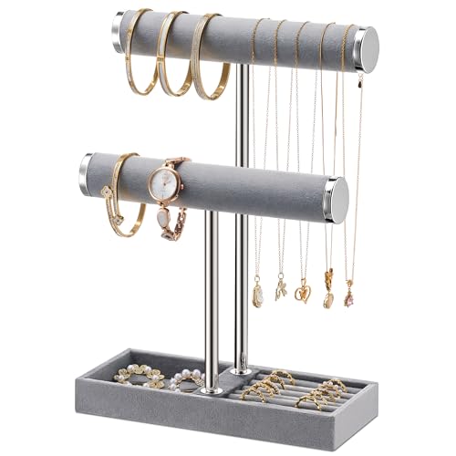 bussdis 2 Tier Bracelet Holder Display, Necklace Holder Organizer, Grey | Velvet Necklace Holder | Jewelry Tree | Jewelry Towers | Jewelry Stand Organizer for Necklaces, Bracelets, Earrings, Rings - color: Grey