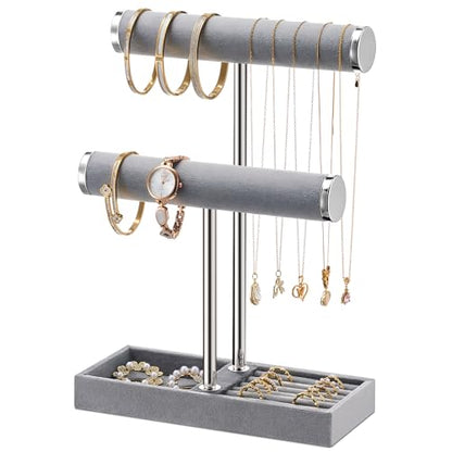 bussdis 2 Tier Bracelet Holder Display, Necklace Holder Organizer, Grey | Velvet Necklace Holder | Jewelry Tree | Jewelry Towers | Jewelry Stand Organizer for Necklaces, Bracelets, Earrings, Rings - color: Grey