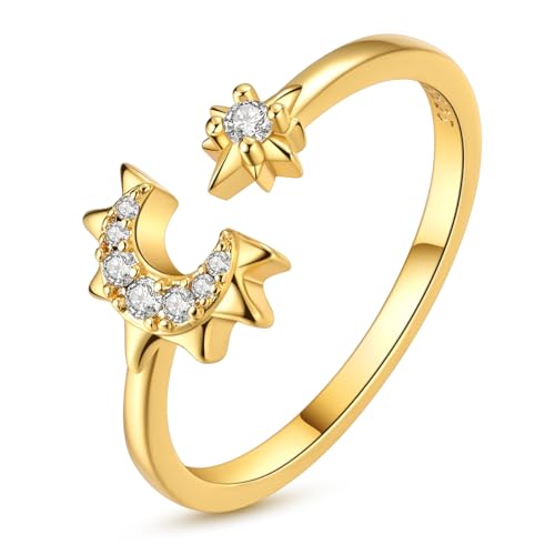925 Sterling Silver Adjustable Rings for Women 14K Gold Plated Thumb Rings | Stackable Statement Eternity Rings Dainty Starfish Star Moon Heart Lucky Open Ring Trendy Jewelry Birthday Gifts for Ladies - color: Gold Star Moon Ring