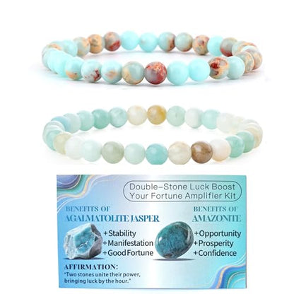4mm 6mm 8mm Healing Crystal Bracelets for Women Men Natural Stone Beaded Stretch Bracelet Handmade Gemstone Reiki Spiritual Jewelry Gifts - color: Amazonite+Agalmatolite Jasper-Lucky, size: 6mm