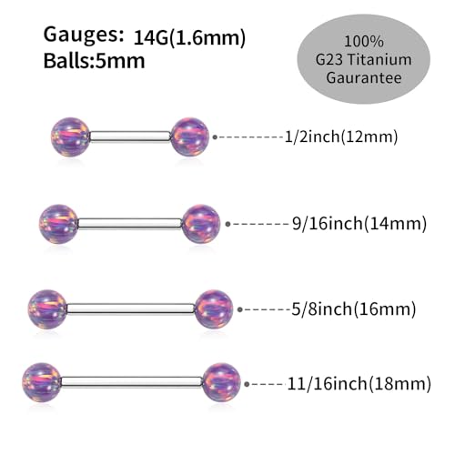 Opal Nipple Rings G23 Titanium Nipple Jewelry for Women Bridge Rings | 14G Nipple Piercings,Internally Threaded Nipple Barbells,1 Pair Tongue Rings,Nipple Bars,Straight Barbells 12mm-18mm - color: Styele2:Purple Opal,Silver, size: 14G+5/8"(16mm)