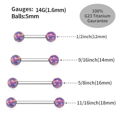 Opal Nipple Rings G23 Titanium Nipple Jewelry for Women Bridge Rings | 14G Nipple Piercings,Internally Threaded Nipple Barbells,1 Pair Tongue Rings,Nipple Bars,Straight Barbells 12mm-18mm - color: Styele2:Purple Opal,Silver, size: 14G+5/8"(16mm)