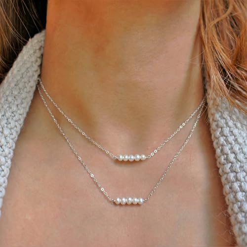 Pearl Necklace for Women, Dainty Pearls Choker Necklace for Women 14K Gold Plated Layered Pendant Necklace Handmade Gold Chain Necklace Everyday Jewelry Gift - color: Five Pearls-Silver