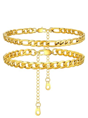 U7 2Pcs/3Pcs Ankle Bracelets for Women, Stainless Steel Cuban Link/Figaro/Rope/Heart Chain Anklets Sets,Waterproof Layered Anklets Adjustable 8.5"-10.5" - color: 01. 2Pcs Style A-Gold