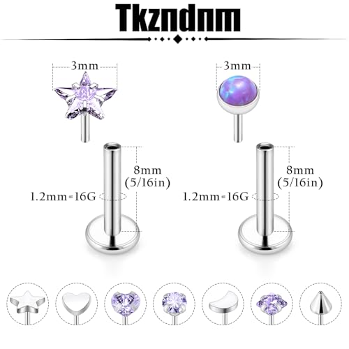 Threadless Noses Rings, Flat Back Earrings, 20/18/16g-Gauge 5/16in-Post 3mm-Top, Hypoallergenic Surgical Steel Medusa Lip Labret Cartilage Helix Tragus Conch Piercing Jewelry for Women Men - color: Purple, size: 16g*8mm