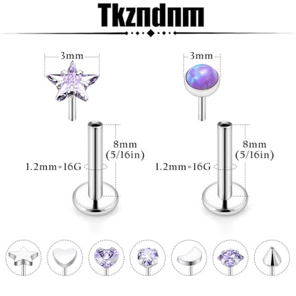Threadless Noses Rings, Flat Back Earrings, 20/18/16g-Gauge 5/16in-Post 3mm-Top, Hypoallergenic Surgical Steel Medusa Lip Labret Cartilage Helix Tragus Conch Piercing Jewelry for Women Men - color: Purple, size: 16g*8mm