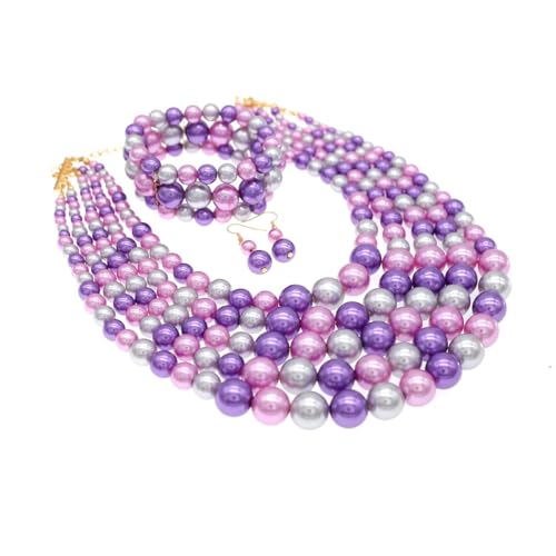 Faux Big Pearl Srand Necklaces for Women 5 Layers Pearls Choker Bib Collar Necklace Bracelet and Earrings set 1920s Costume Pearl Jewelry Bridal Wedding - color: colorful purple