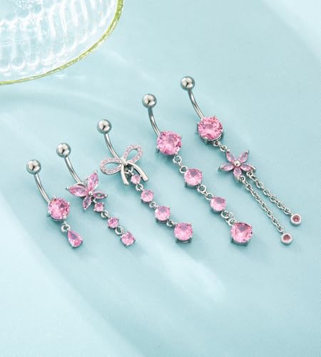 BSJ4U Belly Button Rings Gold Plated Silver Pink Clear CZ Belly Rings for Women Heart Bow Flower Butterfly Teardrop Dangle Navel Belly Button Piercing Jewelry - color: Silver Pink Dangle Belly Button Rings