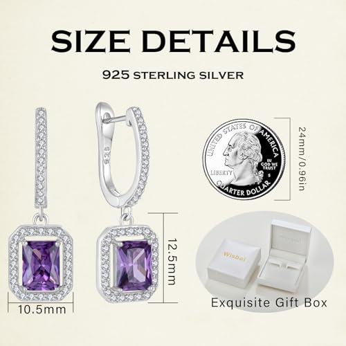 Women's Solitaire Dangle Drop Earrings 925 Sterling Silver Pure Square Huggie Earrings Hoop Dangle Drop Earrings Jewelry Gift - color: 02-amethyst-Feb