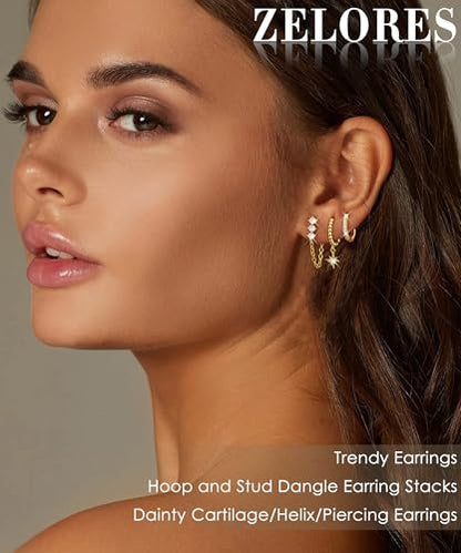 3 Pairs Dangle Hoop Chain Earrings Stacks for Women Trendy Huggie Earring | Non-Tarnish 5A CZ Stones Hoops Earrings Set for Multiple Piercing - style: 14K Gold Plated-Dangle Star Set
