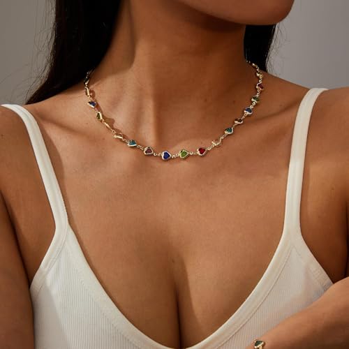 Gold Statement Choker Necklace for Women – Trendy Silver Long Layered Snake Chain Drop Necklace, Elegant Prom Party Jewelry Gift, Delicate Accessories for Her - color: C-Small Fresh Heart Shaped Beaded Necklace