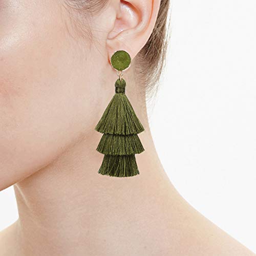 Bohemian Tiered Tassel Earrings with Druzy Stud for Women | Long Layered Fringe Drop Earrings, Statement Jewelry for Party Beach Festival - color: Green