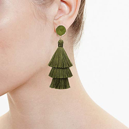 Bohemian Tiered Tassel Earrings with Druzy Stud for Women | Long Layered Fringe Drop Earrings, Statement Jewelry for Party Beach Festival - color: Green